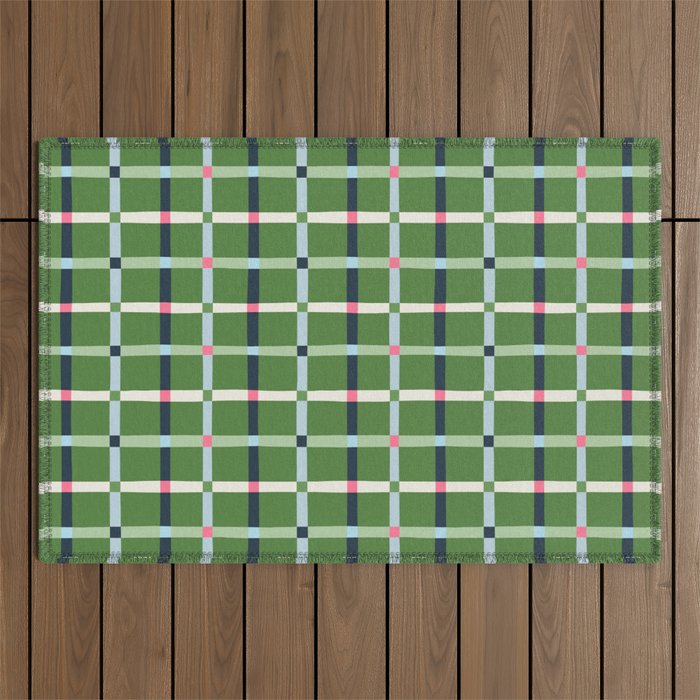 Windowpane Plaid Blue Pink on Green Outdoor Rug Gallery Image 1