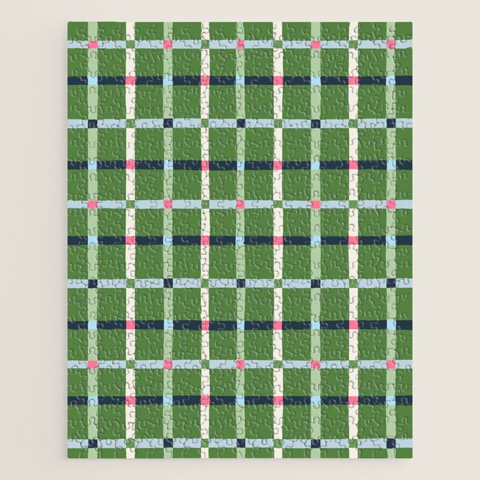 Windowpane Plaid Blue Pink on Green Jigsaw Puzzle Gallery Image 1