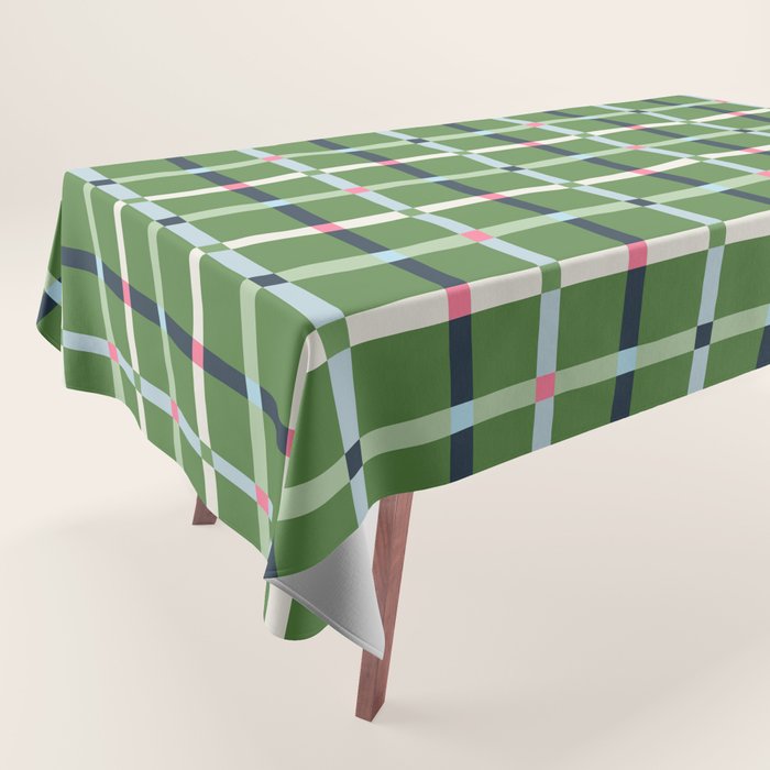 Windowpane Plaid Blue Pink on Green Tablecloth Gallery Image 1