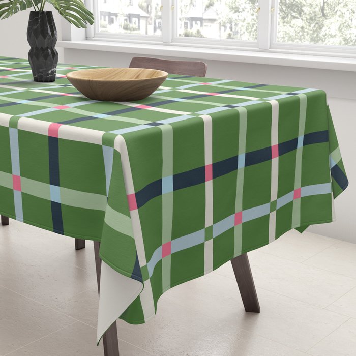 Windowpane Plaid Blue Pink on Green Tablecloth Gallery Image 3