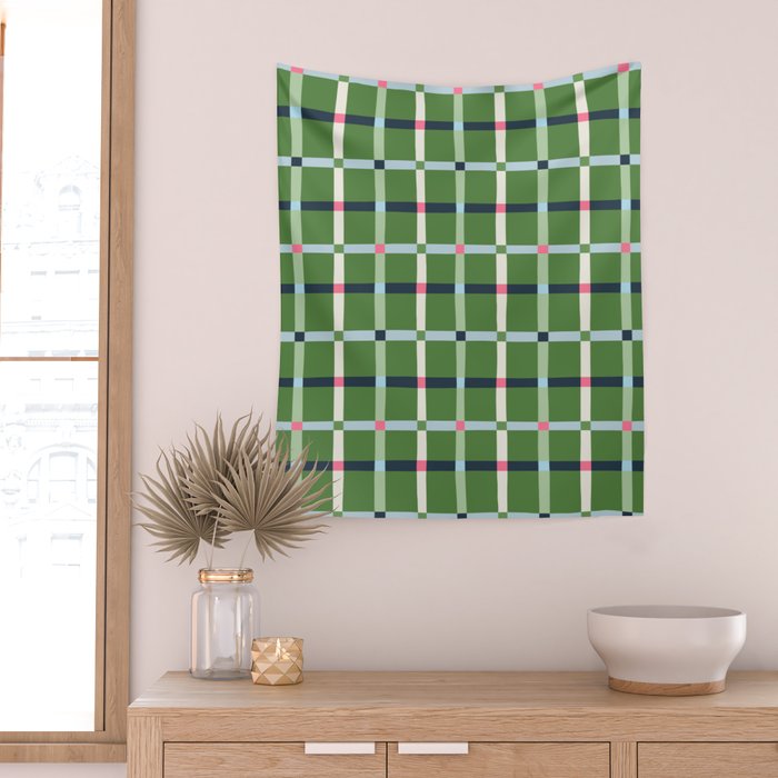 Windowpane Plaid Blue Pink on Green Wall Tapestry Gallery Image 2