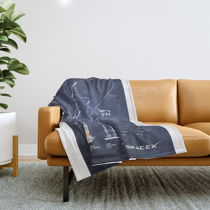 SpaceX Falcon Heavy Spacecraft NASA Rocket Blueprint in High Resolution (dark blue) Throw Blanket