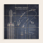 SpaceX Falcon Heavy Spacecraft NASA Rocket Blueprint in High Resolution (dark blue) Wood Wall Art Gallery Image 1