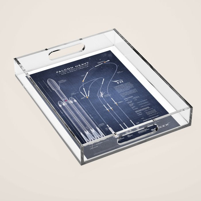 SpaceX Falcon Heavy Spacecraft NASA Rocket Blueprint in High Resolution (dark blue) Acrylic Tray Gallery Image 1