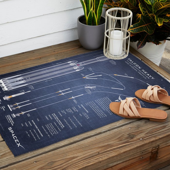 SpaceX Falcon Heavy Spacecraft NASA Rocket Blueprint in High Resolution (dark blue) Outdoor Rug Gallery Image 2