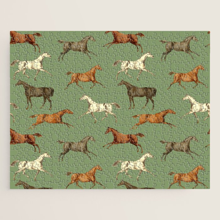 Wild Horses  Sage Green Toile Pattern  Jigsaw Puzzle Gallery Image 1