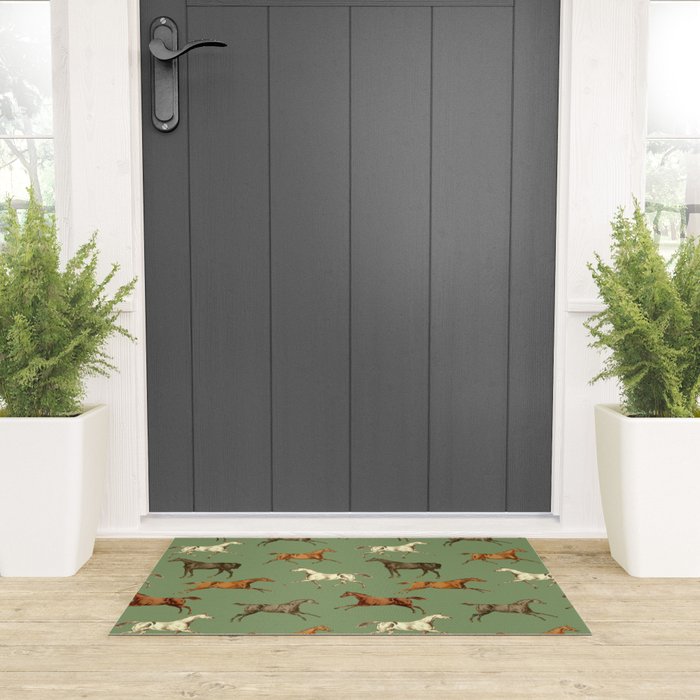 Wild Horses  Sage Green Toile Pattern  Welcome Mat Gallery Image 3
