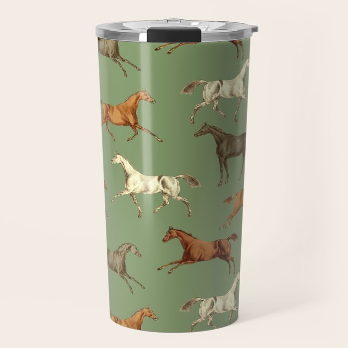 Wild Horses  Sage Green Toile Pattern  Travel Mug Gallery Image 1