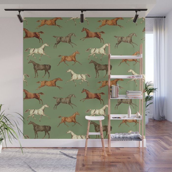 Wild Horses  Sage Green Toile Pattern  Wall Mural Gallery Image 1