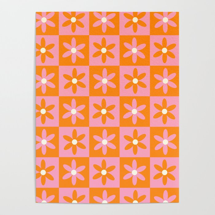 Pink and Orange Flower Checker Pattern Poster Gallery Image 4