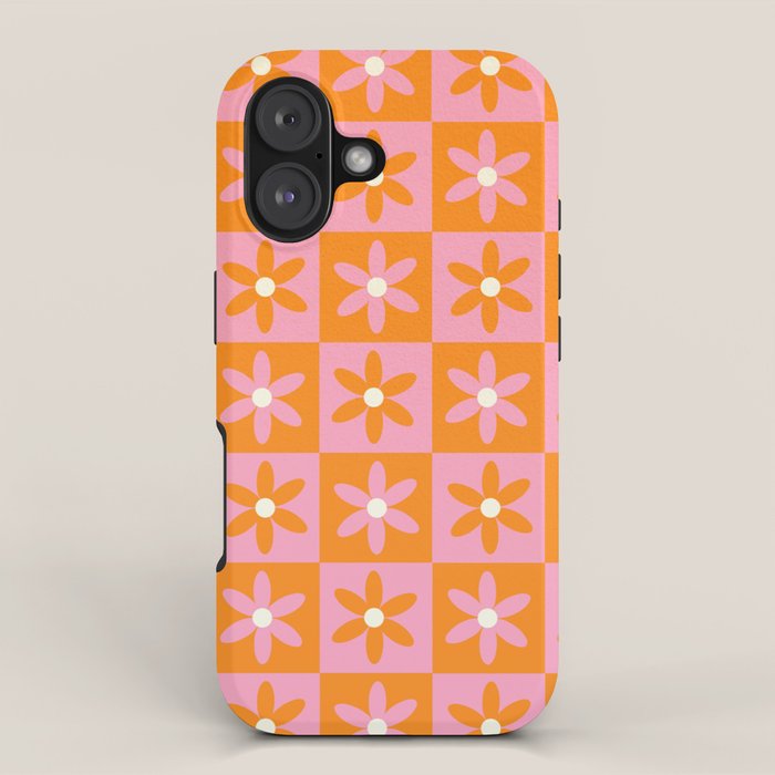 Pink and Orange Flower Checker Pattern iPhone Case Gallery Image 1