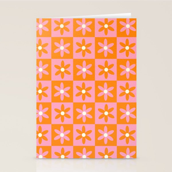 Pink and Orange Flower Checker Pattern Stationery Card Gallery Image 2