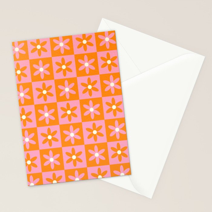 Pink and Orange Flower Checker Pattern Stationery Card Gallery Image 2