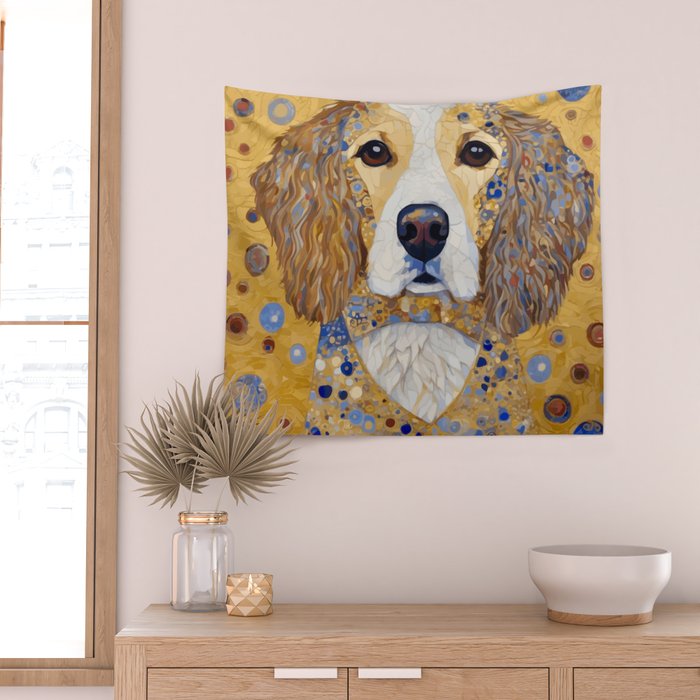 Gustav Klimt Style Dog with Colorful Patterns Wall Tapestry Gallery Image 2