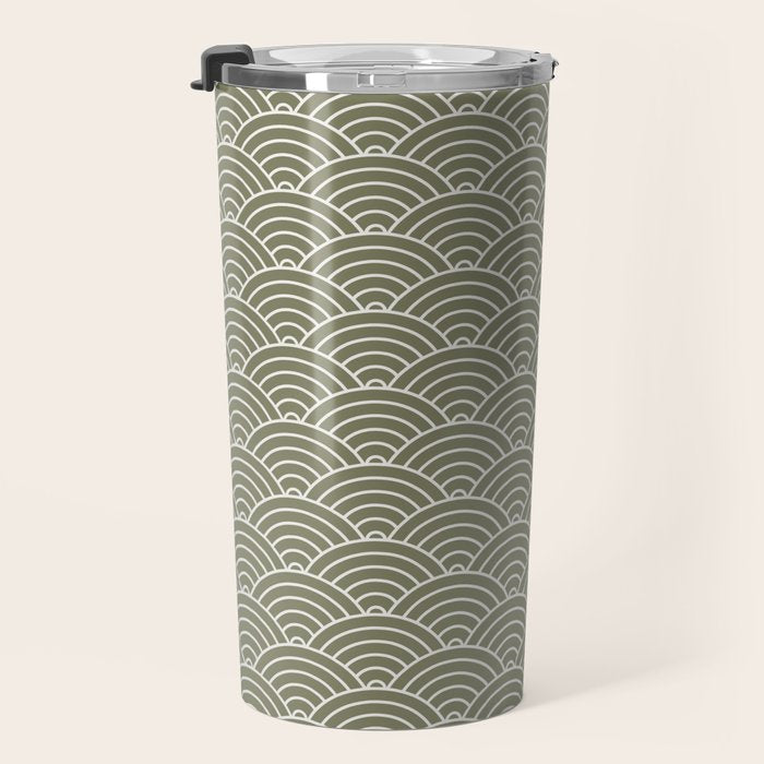 Japanese Waves Pattern Olive II Travel Mug Gallery Image 3