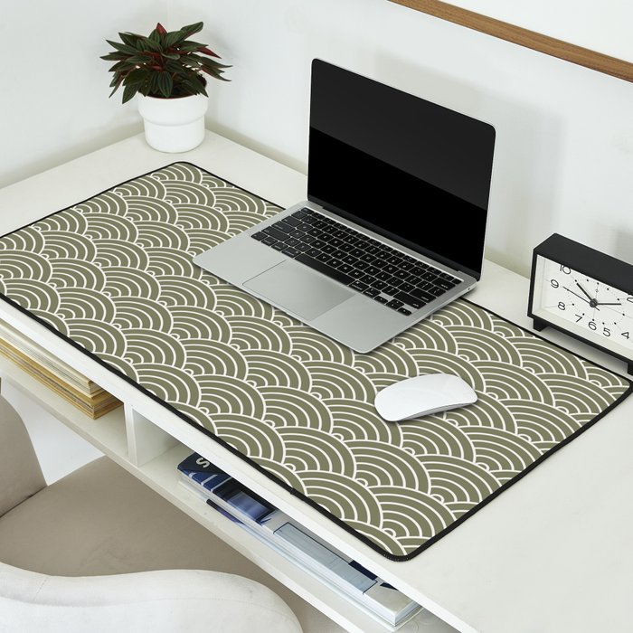 Japanese Waves Pattern Olive II Desk Mat Gallery Image 2