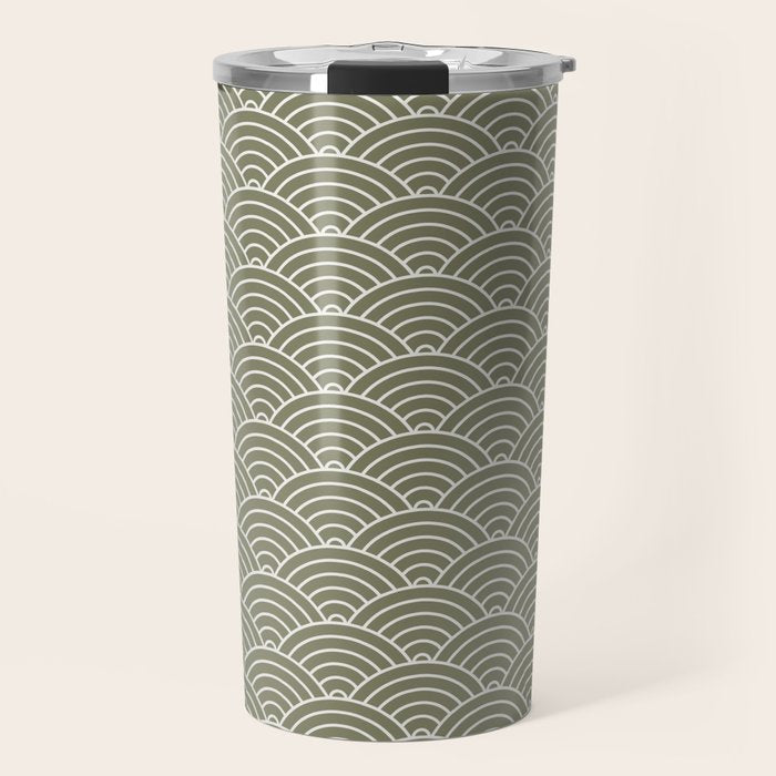 Japanese Waves Pattern Olive II Travel Mug Gallery Image 1
