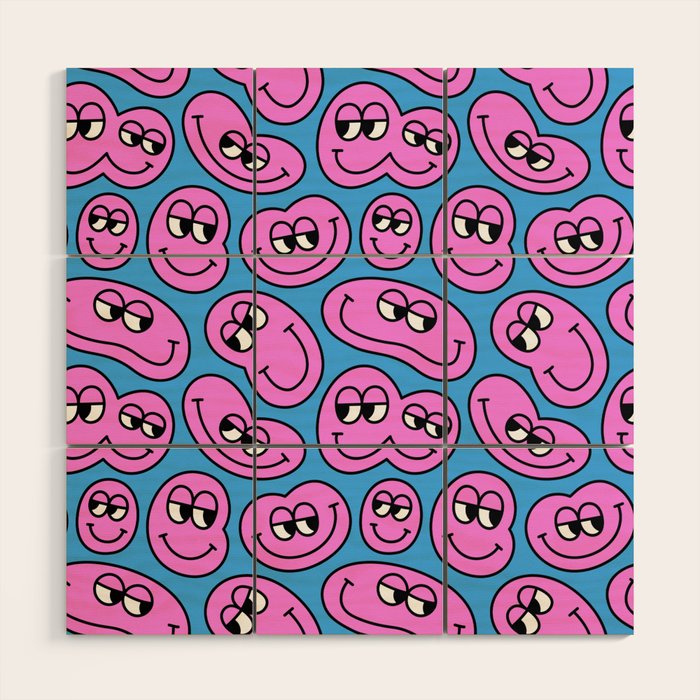 Funny retro smiling face cartoon pattern Wood Wall Art Gallery Image 1