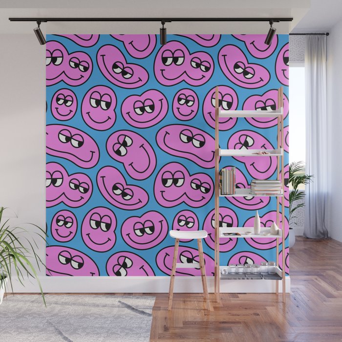 Funny retro smiling face cartoon pattern Wall Mural Gallery Image 1