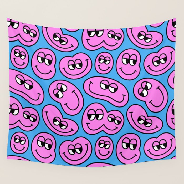 Funny retro smiling face cartoon pattern Wall Tapestry Gallery Image 4