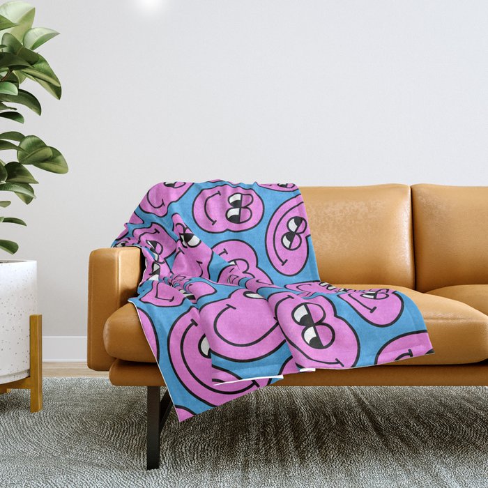 Funny retro smiling face cartoon pattern Throw Blanket Gallery Image 1