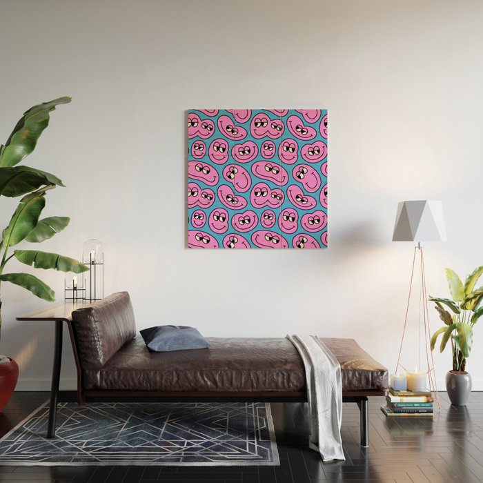 Funny retro smiling face cartoon pattern Wood Wall Art Gallery Image 2