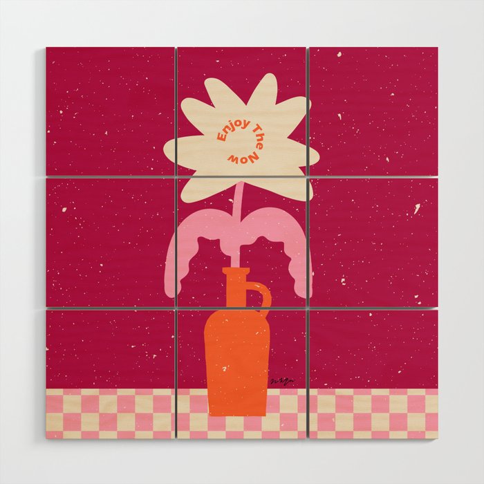 Abstract modern vase and flower. Enjoy the Now quote Wood Wall Art Gallery Image 1