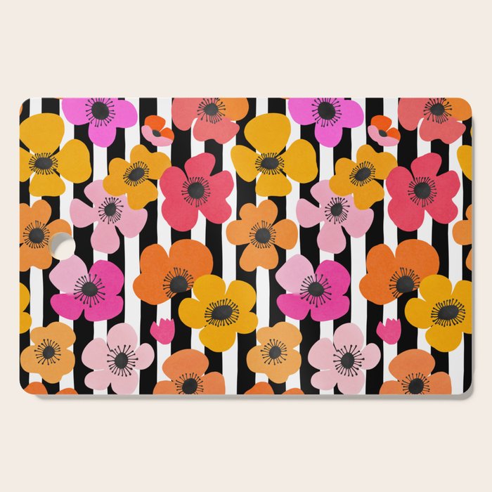 Midcentury Playful Botanica Bold Multicolor Retro Flowers On Black And White Stripes Cutting Board Gallery Image 1