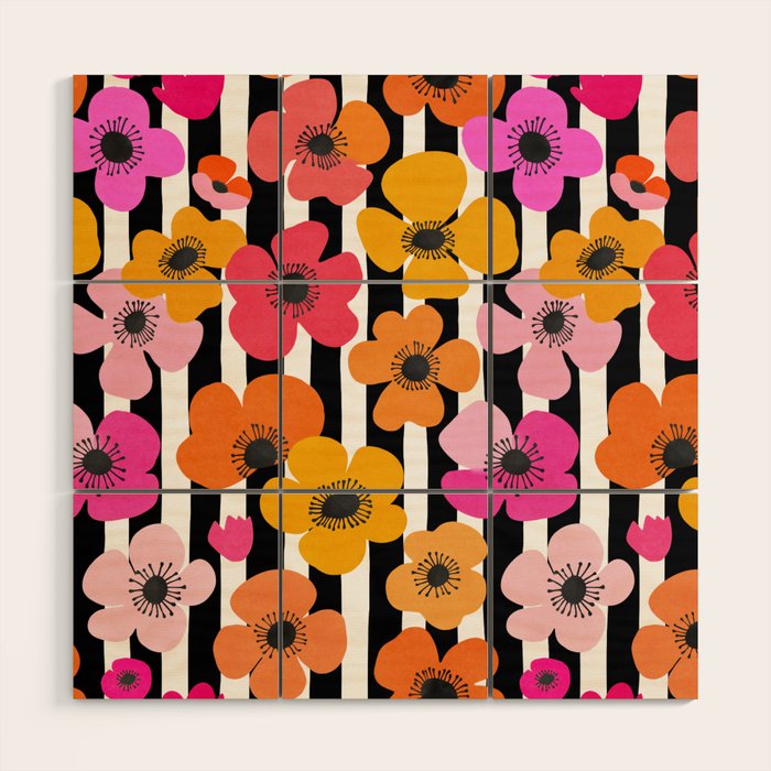 Midcentury Playful Botanica Bold Multicolor Retro Flowers On Black And White Stripes Wood Wall Art Gallery Image 1