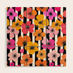 Midcentury Playful Botanica Bold Multicolor Retro Flowers On Black And White Stripes Wood Wall Art Gallery Image 1