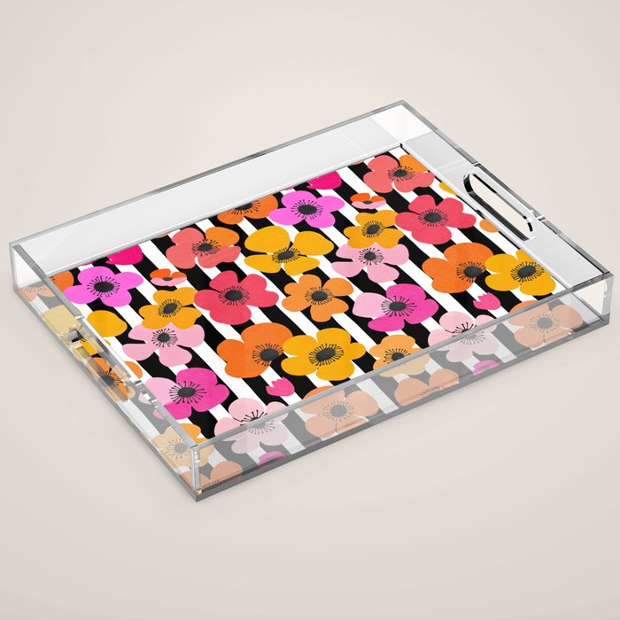 Midcentury Playful Botanica Bold Multicolor Retro Flowers On Black And White Stripes Acrylic Tray Gallery Image 1