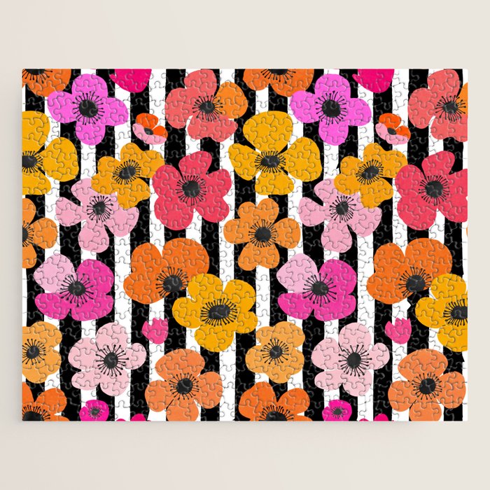 Midcentury Playful Botanica Bold Multicolor Retro Flowers On Black And White Stripes Jigsaw Puzzle Gallery Image 1