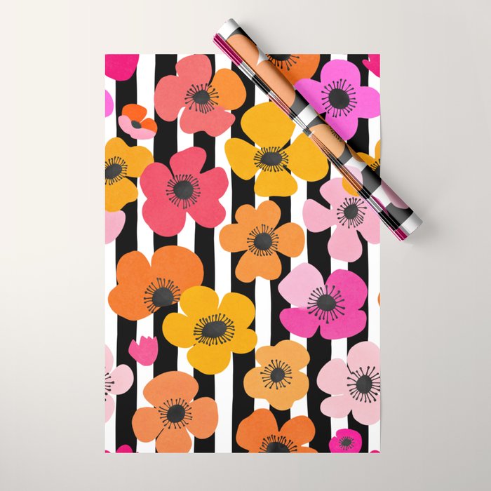 Midcentury Playful Botanica Bold Multicolor Retro Flowers On Black And White Stripes Wrapping Paper Gallery Image 1