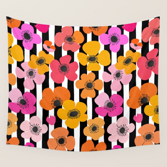 Midcentury Playful Botanica Bold Multicolor Retro Flowers On Black And White Stripes Wall Tapestry Gallery Image 1