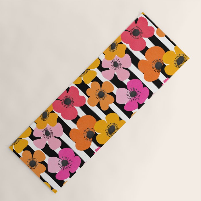 Midcentury Playful Botanica Bold Multicolor Retro Flowers On Black And White Stripes Yoga Mat Gallery Image 1