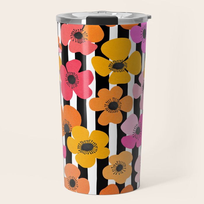 Midcentury Playful Botanica Bold Multicolor Retro Flowers On Black And White Stripes Travel Mug Gallery Image 1