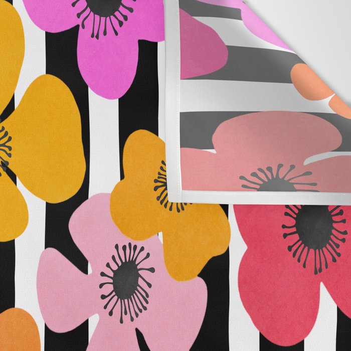 Midcentury Playful Botanica Bold Multicolor Retro Flowers On Black And White Stripes Wall Tapestry Gallery Image 3