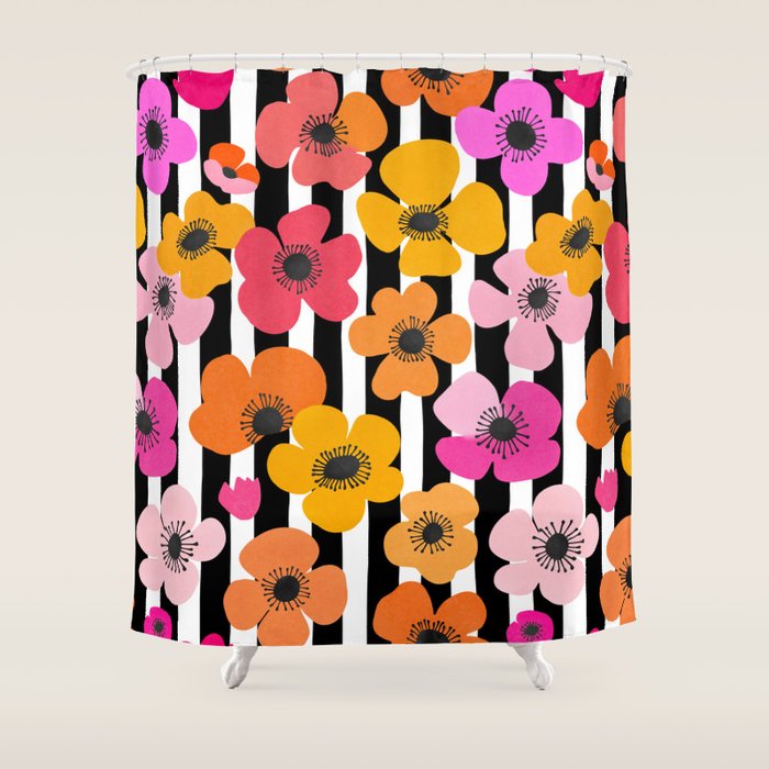 Midcentury Playful Botanica Bold Multicolor Retro Flowers On Black And White Stripes Shower Curtain Gallery Image 1