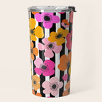 Midcentury Playful Botanica Bold Multicolor Retro Flowers On Black And White Stripes Travel Mug Gallery Image 2