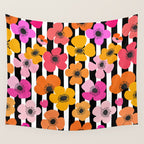 Midcentury Playful Botanica Bold Multicolor Retro Flowers On Black And White Stripes Wall Tapestry Gallery Image 4