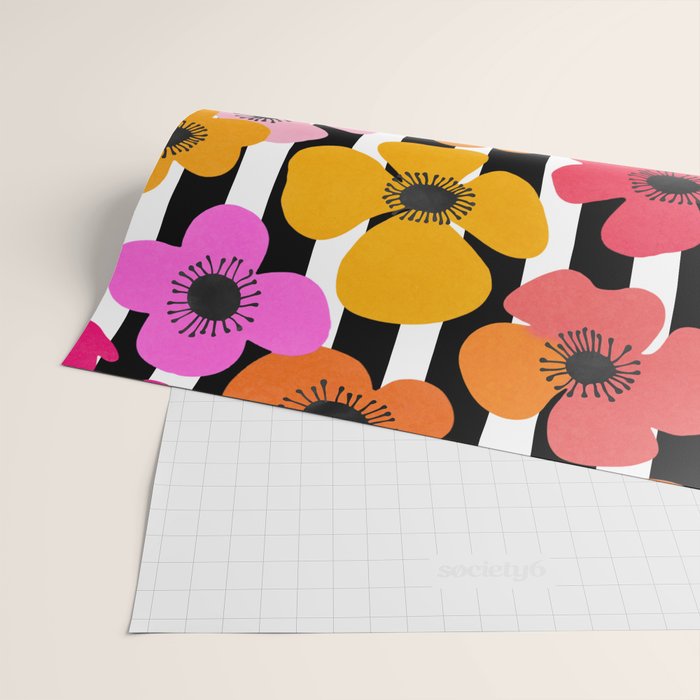 Midcentury Playful Botanica Bold Multicolor Retro Flowers On Black And White Stripes Wrapping Paper Gallery Image 2
