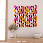 Midcentury Playful Botanica Bold Multicolor Retro Flowers On Black And White Stripes Wall Tapestry Gallery Image 2