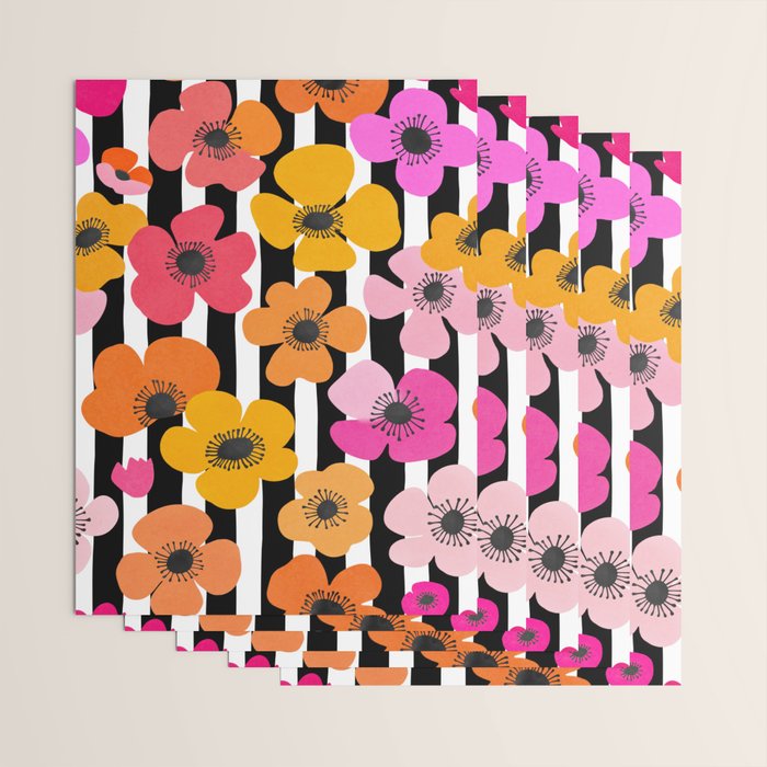 Midcentury Playful Botanica Bold Multicolor Retro Flowers On Black And White Stripes Wrapping Paper Gallery Image 3