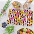 Midcentury Playful Botanica Bold Multicolor Retro Flowers On Black And White Stripes Cutting Board Gallery Image 2