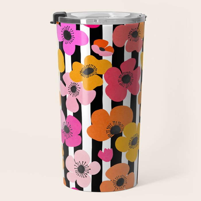 Midcentury Playful Botanica Bold Multicolor Retro Flowers On Black And White Stripes Travel Mug Gallery Image 3