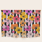 Midcentury Playful Botanica Bold Multicolor Retro Flowers On Black And White Stripes Wall Hanging Gallery Image 1