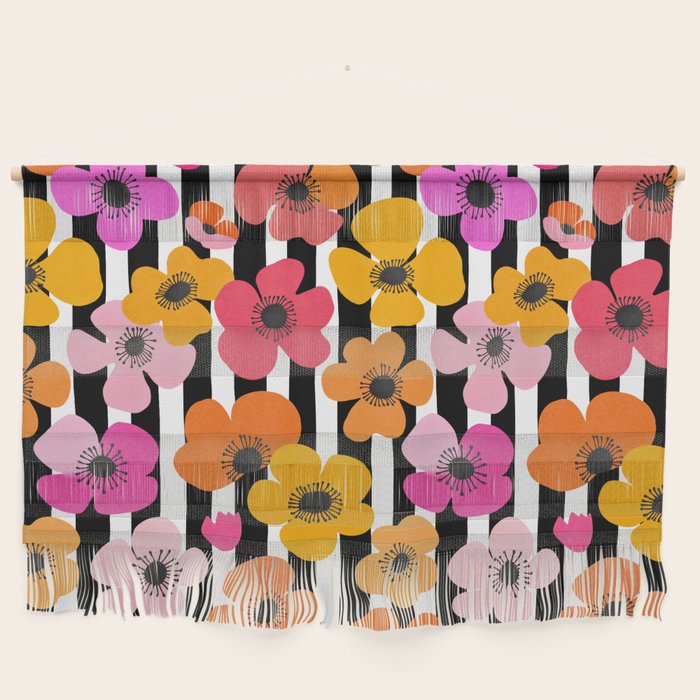 Midcentury Playful Botanica Bold Multicolor Retro Flowers On Black And White Stripes Wall Hanging Gallery Image 1