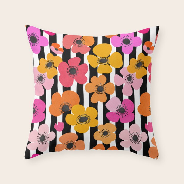 Midcentury Playful Botanica Bold Multicolor Retro Flowers On Black And White Stripes Throw Pillow Gallery Image 1