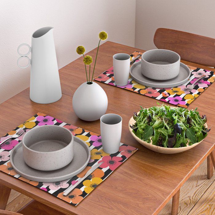 Midcentury Playful Botanica Bold Multicolor Retro Flowers On Black And White Stripes Placemat Gallery Image 2