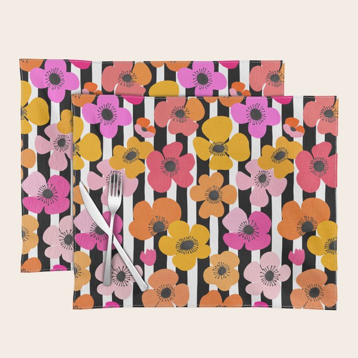 Midcentury Playful Botanica Bold Multicolor Retro Flowers On Black And White Stripes Placemat Gallery Image 1